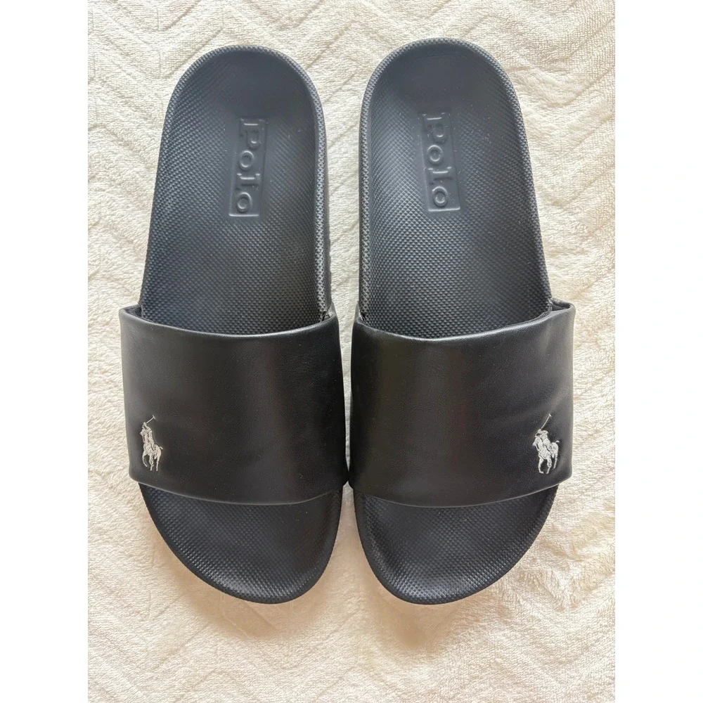 Polo Ralph Lauren Black Cayson Pony Logo Slide Sandals Mens 9 Good